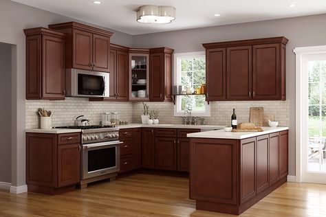 US Cabinet Depot York Chocolate combines a stained finish with recessed panel details.  Get a sophisticated look with the extra intrigue of the glazed finish.  This unique combination sets US Cabinet Depot York Chocolate apart from the competition. #waverlycabinets #USCabinetDepot #dreamkitchen #cabinets #kitchencabinets #cabinetry #kitchen #upcoming #wood #modern #simple #york #chocolate Chocolate Kitchen Cabinets, Low Cost Kitchen Cabinets, Dapur Moden, Cabinetry Ideas, 10x10 Kitchen, Kitchen Cabinets For Sale, Kitchen Set Cabinet, Kitchen Cabinet Kings, Cheap Kitchen Cabinets