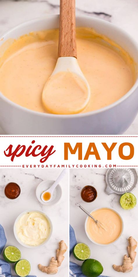 My spicy mayo recipe is a creamy and smooth sauce made with simple ingredients. It packs on the spiciness to amp up the flavor of anything it's added to! Pickle Mayo Sauce, Dukes Mayo Recipes, Sushi Mayo Sauce, Asian Spicy Mayo, Homemade Sauces Recipes, In And Out Sauce, Seafood Side Dishes, Mumbo Sauce, Spicy Mayo Recipe