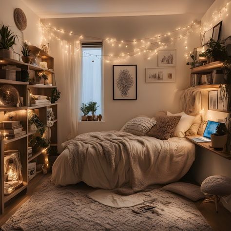 Decorating Big Bedrooms, Aesthetic Bedrooms For Couples, Earthy Comfy Bedroom, Room With Lights Aesthetic, Warm Maximalist Bedroom, Small College Room Ideas, Couples Bedroom Ideas Apartments Cozy, Room Ideas For Square Bedrooms, Room Ideas Cozy Comfy