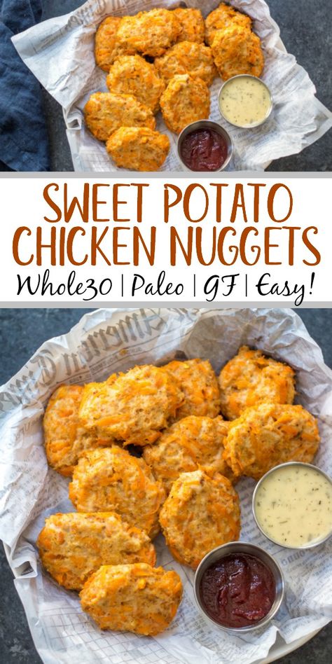 Sweet Potato Chicken Nuggets, Whole30 Sweet Potato, Whole 30 Chicken Recipes, Sweet Potato Chicken, Healthy Chicken Nuggets, Chicken Nuggets Recipe, Chicken Poppers, Potato Chicken, Chicken Nugget Recipes