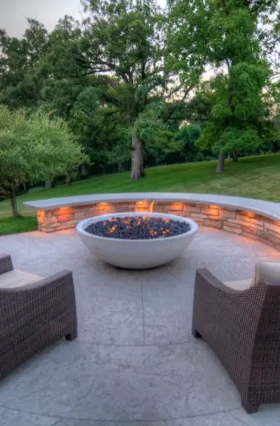 Fire Pit Ideas Backyard Cement, Propane Firepits Backyard Ideas, Outdoor Patio Extension Ideas, Sunk In Fire Pit Backyard Ideas, Backyard Gas Fire Pit Ideas, Stamped Concrete Patio With Fire Pit, Stamped Concrete Fire Pit Area, Backyard Ideas Concrete, Backyard Firepit Ideas