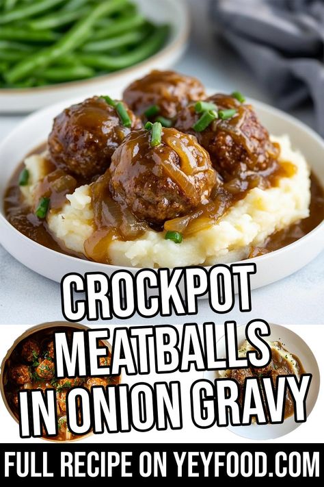 Crockpot Meatballs in Onion Gravy There's nothing quite like a slow-cooked meal on a chilly day. This Crockpot Meatballs in Onion Gravy recipe is the perfect blend of hearty flavors and easy preparation. The tender meatballs, rich gravy, and Homemade Meatballs Crockpot, Crockpot Asian Recipes, Onion Gravy Recipe, Easy Crockpot Meatballs, Crockpot Meatballs, Hacks For Home, Meatball Recipes Crockpot, Meatballs And Gravy, Tender Meatballs