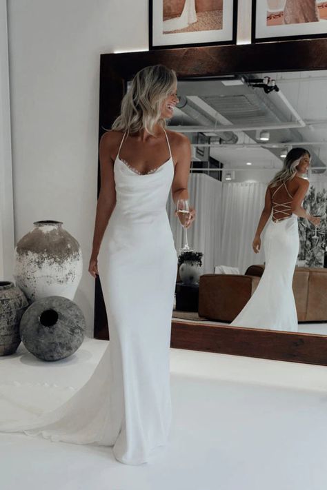 Cordelia | Mermaid Satin White Spaghetti-Straps Wedding Dresses With Lace-Up Back Slip Dress White Wedding, Basic Silk Wedding Dress, Satin Wedding Dress Deep V, Satin Sleek Wedding Dress, Wedding Dress For Boxy Shape, Satin Flowy Wedding Dress, Silk Beach Wedding Dress, Beautiful Simple Wedding Dresses, A Line Mermaid Wedding Dress