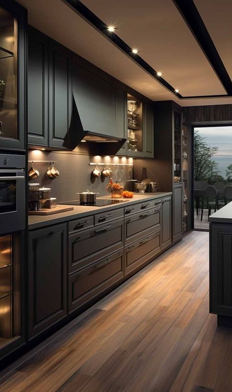 Kitchen Ideas Classic Luxury, Dark Walnut Kitchen Cabinets Modern, House Interior Dark Wood, Dark Kitchen Cabinet Ideas, Kitchen Design Dark Wood, Classic House Design Interior, Dark Luxury Kitchen, Dark House Interior Design, Dark Kitchen Design