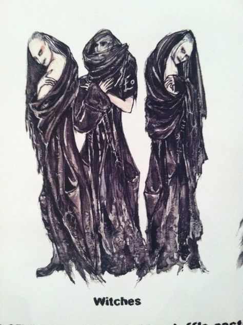 Witches costume sketch by Catherine Zuber Macbeth Costume Design, Macbeth Drawing, Puppet Reference, Haunted Theater, Macbeth Costumes, Macbeth Characters, Macbeth Witches, Witches Costume, Costume Design Sketch