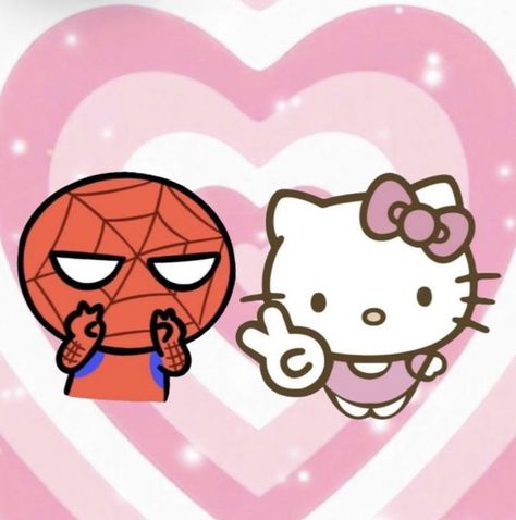 Hello Kitty And Spiderman Pfp Matching, Spider Man Hello Kitty, Hello Kitty And Spiderman, Spiderman Hello Kitty, Hello Kitty Dress, Walpaper Hello Kitty, School Wall Art, Goth Wallpaper, Hello Kitty Rooms