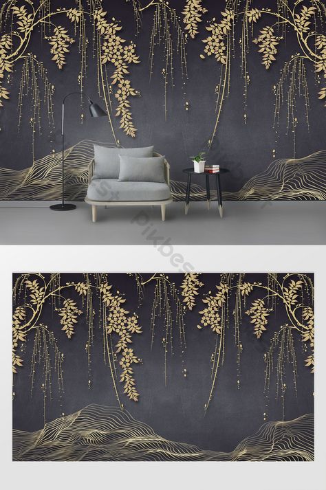 Golden Wall Design, Wall Geometric, Green Wall Design, Wall Painting Living Room, Wall File, Line Tv, Decor 2023, Golden Wall, Bedroom Interior Design Luxury