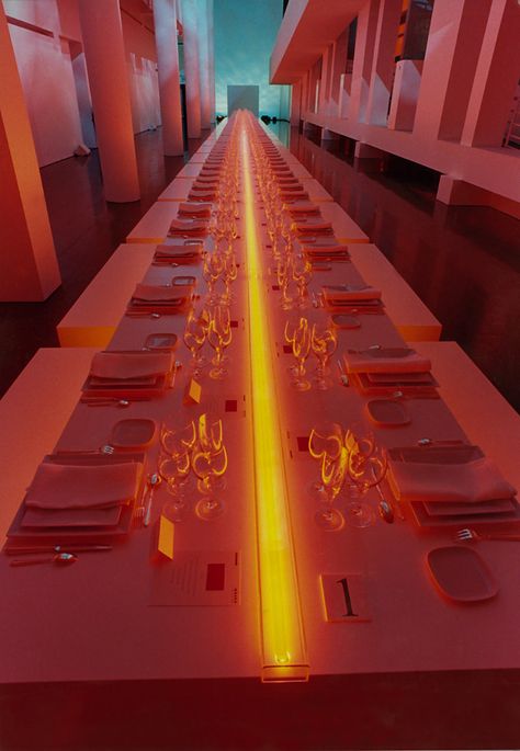 Jil Sander Sun Men Fragrance Launch MACBA Barcelona, Spring 2002 The laid table with the orange neon light Produced and directed by Bureau Betak Barcelona Spring, Men Fragrance, Soho Farmhouse, Orange Neon, Event Design Inspiration, Gala Dinner, Event Lighting, Long Table, Event Inspiration