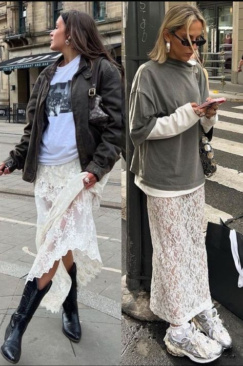 Lace Skirt Casual Outfit, Lace Skirt With Oversized T Shirt, Lace Casual Outfit, Lace Skirt Fall Outfit, Lace Dress Casual Outfit, Lace Trim Skirt Outfit, Lace Skirt Street Style, White Skirt With Tights, Lace White Skirt Outfit