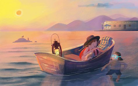 A girl is on a boat, and looking at a boy floating in the water. Summer sunset is in the background. Boat Digital Art, Fisherman Illustration, Fairy Boat, Book Boat, Kids Boat, Childrens Book Cover, Ocean Illustration, Mermaid Kids, Boat Illustration