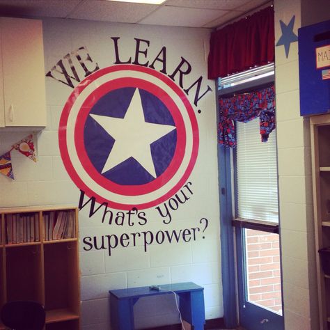 Captain America themed classroom, Captain America shield, classroom decorations, superhero Marvel Classroom Decorations, Marvel Theme Classroom, Marvel Avengers Classroom Theme, Marvel Classroom Theme, Superhero Theme Classroom Activities, Superhero Classroom Bulletin Boards, Marvel Classroom, Superhero Classroom Door, Superhero Classroom Theme Bulletin Boards