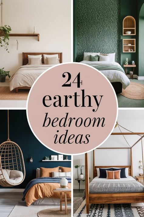 Collage of earthy bedroom ideas featuring green walls, natural wood furniture, and cozy textiles. Modern Organic Boho Bedroom, Natural Wood And Green Bedroom, Bedroom Nature Decor, Resort Inspired Bedroom, Multiple Wood Tones Bedroom, Soft Natural Bedroom, Tulum Bedroom Design, Cozy Bedroom Earthy, Earth Tone Minimalist Bedroom