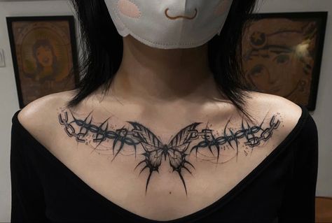 Chest And Collar Bone Tattoos For Women, Clavicle Tattoo Design, Alternative Chest Tattoo, Barbwire Collar Bone Tattoo, Cybersigil Chest Tattoo, Edgy Collar Bone Tattoo, Collarbone Tattoo Goth, Collar Bone Tattoo Goth, Goth Collar Bone Tattoo