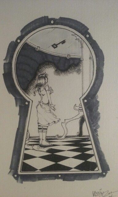 Alice In Wonderland Keyhole Art, Key Alice In Wonderland, Keyhole Alice In Wonderland, Keyhole Tattoo Ideas, Alice In Wonderland Aesthetic Drawing, Alice And Wonderland Drawings, Key Hole Drawing, Looking Through A Keyhole Drawing, Alice Keyhole