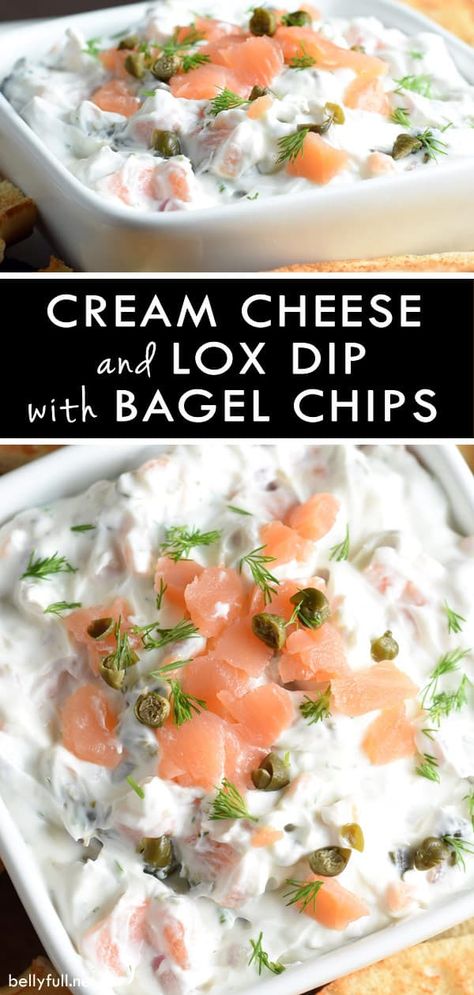 Cream cheese and lox on a bagel is transformed into a delicious dip for an easy appetizer. Perfect for brunch or Passover! Lox Cream Cheese Recipe, Lox Brunch Ideas, Lox Appetizer Recipes, Desert Fondue, Lox Dip, Brunch Dip, Lox Appetizer, Bagel Spread Recipes, Lox Recipes