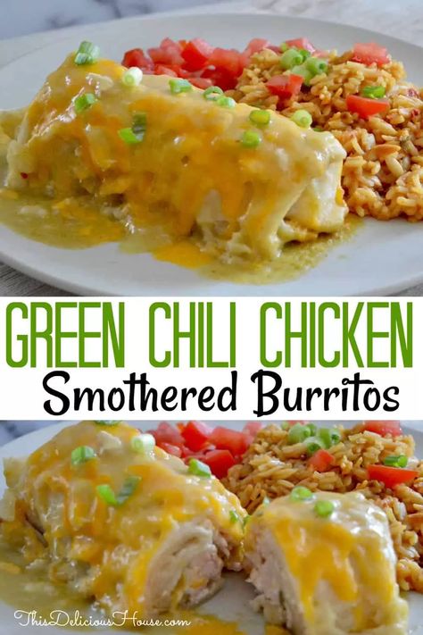 Green Chili Chicken Burritos, Chicken Smothered Burritos, Green Chili Enchilada Sauce, Chili Enchilada Sauce, Smothered Burritos, Burrito Recipe Chicken, Chicken Smothered, Green Chilis, Green Chili Chicken