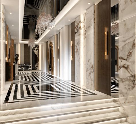 LUXURY MODERN BUILDING ENTRANCE :: Behance Entrance Lobby Design Residential, Lobby Design Residential, Building Lobby Design, Residential Building Entrance, Entrance Lobby Design, Modern Luxury Apartment, Luxury Hotels Lobby, Foyer Entrance, Lobby Interior Design