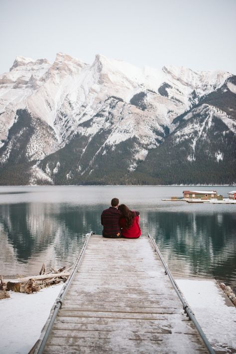 Lake Minnewanka Engagement, Banff Engagement Photos Winter, Canada Couple Photos, Banff Winter Wedding, Banff Couple Photos, Lake Minnewanka Banff, Banff Photo Ideas, Banff Engagement Photos, Couple In Mountains