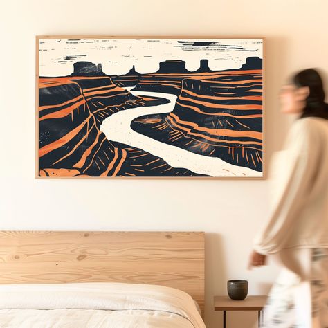 Awesome Desert Canyon Landscape Pop Art Print, is new original art by Funland, a small studio that gets consistent 5-Star Reviews!   This terra cotta, black and cream canyon landscape art in the style of Linocut prints, is eye candy for those who love contemporary art and are looking for natural decor. Featuring a river running through Southwest canyons with glorious ancient ridges, this artwork is inspired by my passion for the desert, and contemporary art. interpretation has a cool pop art ton Southwest Art Paintings, Modern Southwest Decor, Cool Pop Art, Desert Canyon, Canyon Landscape, Earthy Modern, Southwestern Wall Art, Fathers Day Art, Natural Decor