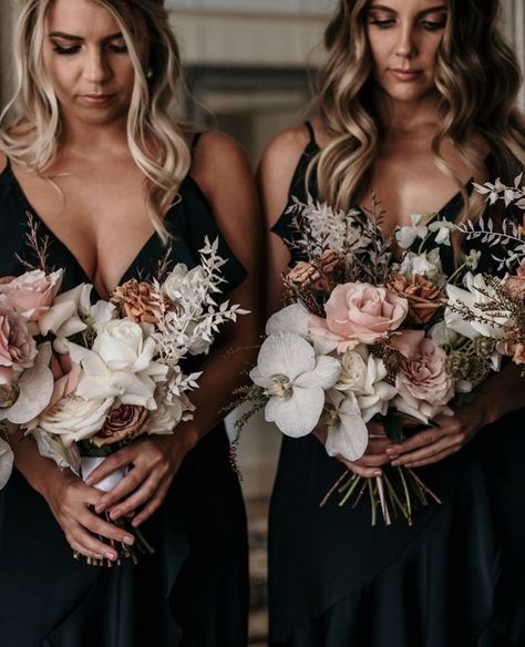 Blush Hues Wedding, Ethereal Wedding Color Palette, Modern Bouquet, Black Bridesmaids, Dark Wedding, Neutral Wedding, Black Bridesmaid Dresses, White Orchids, Blush Wedding