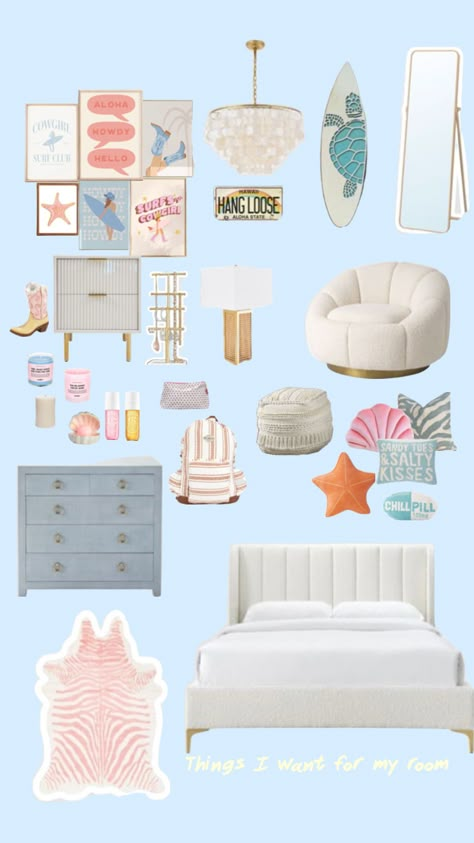 Costal Bedroom Idea Teen, Bedroom Ideas Summer Vibes, Beach Bedroom Preppy, Preppy Beach Room Ideas, Room Decor Ocean Theme, Beachy College Apartment, Colorful Beachy Bedroom, Cute Room Designs, Coconut Girl Bedroom