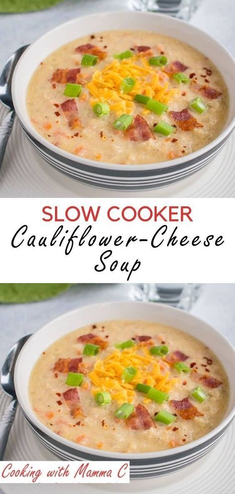 This Slow Cooker Cauliflower-Cheese Soup is so delicious and comforting! Serve it with toppings such as bacon and chives for a loaded cauliflower soup that’ll knock your socks off! Plus, it’s gluten free and has just 15 grams of carbs per serving. #SoupSeason #SlowCooker Crock Pot Cauliflower, Slow Cooker Cauliflower, Loaded Cauliflower Soup, Slow Cooker Cauliflower Soup, Crockpot Cauliflower, Cauliflower Cheese Soup, Cauliflower Cheese Soups, Cheesy Cauliflower Soup, Loaded Cauliflower