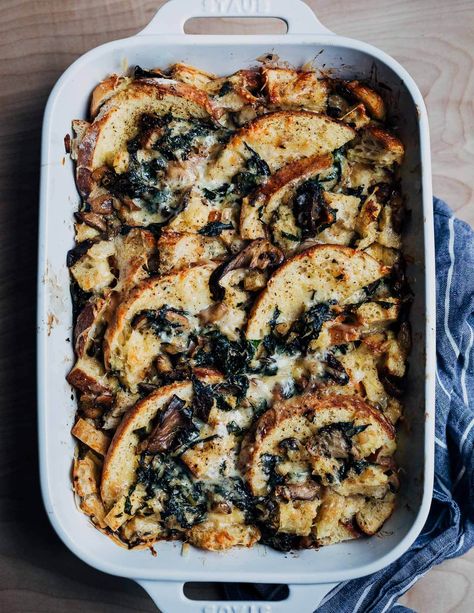 Savory Bread Pudding (Strata) with Mushrooms - Brooklyn Supper Mushroom Bread, Mushroom Bread Pudding, Kale And Mushroom, Savory Bread Pudding, Comte Cheese, Savory Bread Puddings, Whats Gaby Cooking, Savory Bread, Bread Pudding Recipe