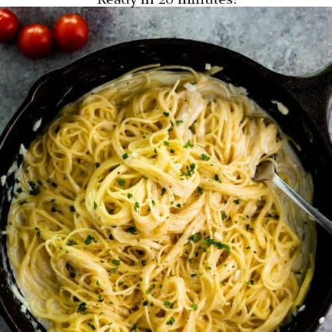 Just a single pot is all you need to prepare this Creamy Parmesan Garlic Pasta. Angel hair pasta simmers in this savory sauce for just five minutes, you'll never find a quicker or easier pasta recipe than this! | The Cozy Cook | #Parmesan #Pasta #OnePot #Garlic #Dinner #Italian #ComfortFood #Creamy #Meatless Pasta Angel Hair, Meatless Pasta Recipes, The Cozy Cook, Garlic Parmesan Pasta, Cozy Cook, Angel Hair Pasta, Creamy Parmesan, Parmesan Pasta, Garlic Pasta