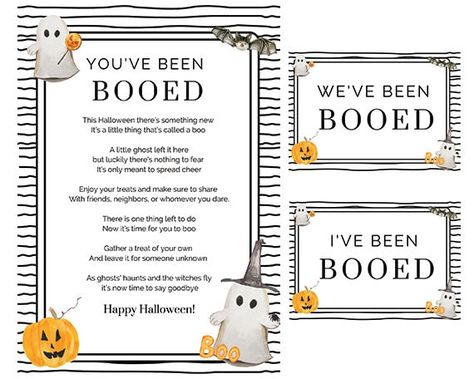 What you need for Halloween boo-ing fun! Spice up the Halloween Holiday with a You've Been Booed treat! It's the perfect way to treat your neighbors, friends, co-workers, family, and more! Make Halloween fun and exciting! THIS LISTING IS FOR A DIGITAL DOWNLOAD ONLY - NO PHYSICAL ITEM WILL BE MAILED.  What does your purchase Include? 1 - 5 x 7 High-Res printable sign of You've Been Booed Poem 1 - 5 x 7 High-Res printable sign of I've been booed 1 - 5 x 7 High-Res printable sign of We've been booe Ive Been Booed Ideas, I've Been Booed Free Printable, You’ve Been Booed Printable, You've Been Booed Ideas, You've Been Booed Free Printable, You Have Been Booed, You've Been Booed Printable, Youve Been Bood, Thanksgiving Goodies