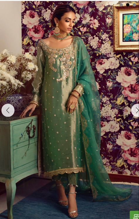 Tissue Suit, Pakistani Velvet Dresses, Formal Dresses Uk, Annus Abrar, Persian Green, Cropped Trouser, Pakistani Formal Dresses, Chartreuse Green, Designer Anarkali