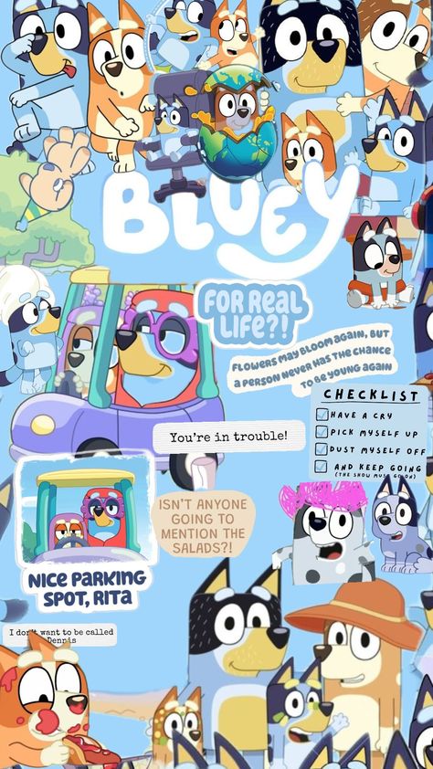 bluey collage!! #bluey #wallpaper Kids Wallpaper Bluey, Cute Bluey Wallpaper Aesthetic, Bluey Collage Wallpaper, Christmas Bluey Wallpaper, Bluey Wallpapers Iphone, Bluey Is Just A Kids Show, Bluey Wallpaper Aesthetic Cute, Kids Wallpaper Iphone, Bluey Wallpapers