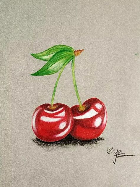 Cherry Colour Pencil Drawing, Cherry Colored Pencil Drawing, Small Realistic Drawings, Colored Pencil Drawing Animals, Realistic Drawings Colour, Easy Drawings With Colour Pencils, Colour Pencil Shading Drawings, Colour Shading Drawing, Still Life Colour Pencil