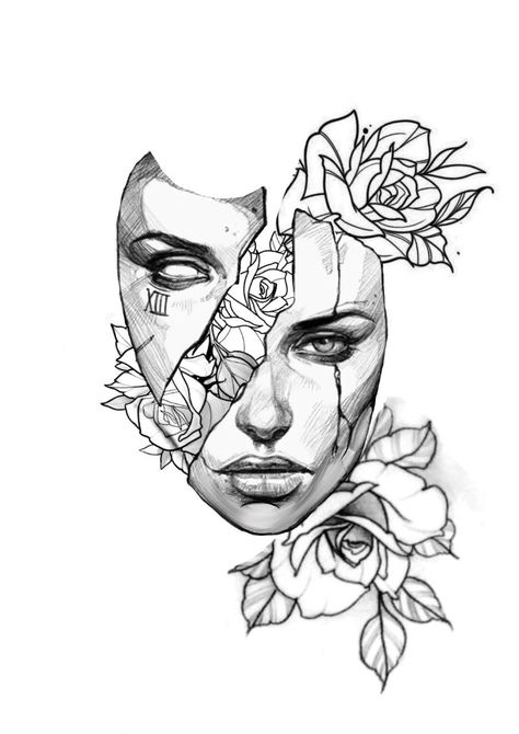 Portrait Art Tattoo, Split Portrait Drawing, Open Head Tattoo, Two Faced Tattoo Woman, Split Personality Tattoo, 2 Face Tattoo, Women Art Drawing, Rose Face Tattoo, Lady Face Tattoo