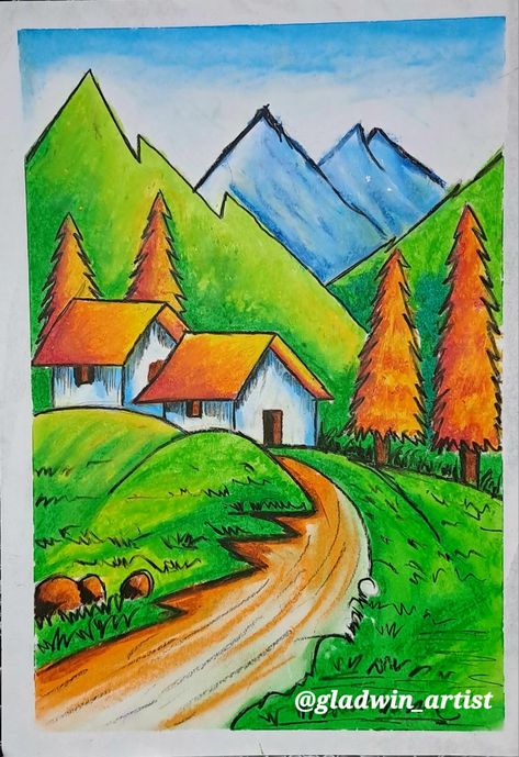 Pastel Colour Scenery Drawing, Landscape Painting With Colored Pencils, Watercolor Paintings Senary, Beautiful Scenery Drawing Pencil, Basic Scenery Drawing, Easy Landscape Drawing Oil Pastel, Senary Drawing Kids, Color Pencil Drawing Easy Landscape, Nature Drawing For Kids Easy