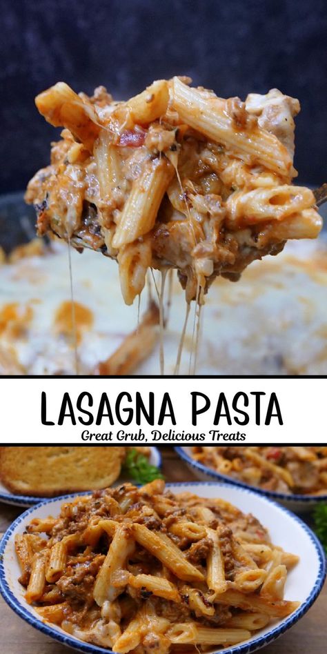 A double collage photo of lasagna pasta. Red Sauce Pasta Recipes Ground Beef, Pasta Recipes With Meat, Meals With Noodles, Dinner For One Person Easy, Baked Casseroles, Pasta With Ground Beef, Freezer Casseroles, Current Recipes, Ground Beef Pasta Recipes