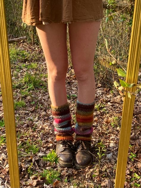 Made In The Moment Crochet, Fall Knitting Aesthetic, Crochet Hand Warmers Aesthetic, Crochet Autumn Clothes, Fall Crochet Accessories, Crocheted Leg Warmers, Autumn Crochet Clothes, Grunge Crochet Ideas, Crochet Hippie Clothes