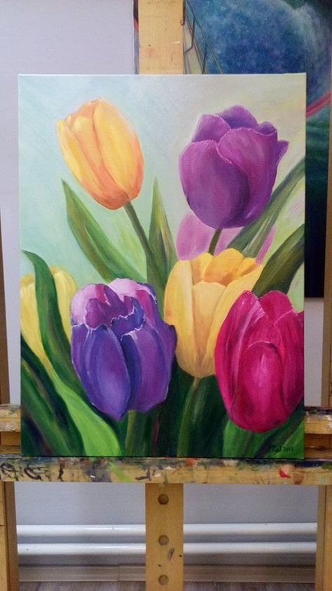 Tulip Art Painting, Floral Art Paintings Acrylics, Tulip Paintings, Tulip Art, Acrylic Painting Ideas, Easy Acrylic Painting, Painting Ideas For Beginners, Tulip Painting, Tulips Art