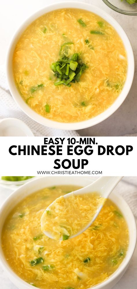 Easy 10-min. Egg Drop Soup. A delicious soup made of hot chicken broth with silky eggs seasoned with sesame oil and green onions. A popular soup in Chinese cuisine. Chinese Egg Drop Soup, Egg Soup Recipe, Homemade Egg Drop Soup, Chinese Soups, Asian Soup Recipes, Chinese Soup Recipes, Glo Girl, Chinese Egg, Chinese Cooking Recipes