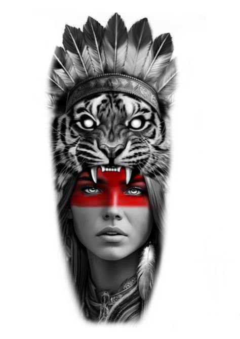 Red Indian Tattoo, Tato Realis, Indian Girl Tattoos, Indian Tattoo Design, Headdress Tattoo, Big Cat Tattoo, Mujeres Tattoo, Evil Skull Tattoo, Chicano Tattoos Sleeve