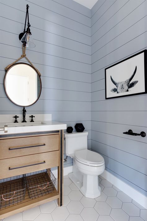 This whole look for downstairs bath Painting Shiplap, Shiplap Bathroom, Shiplap Accent Wall, Wooden Vanity, Bathroom Paint Colors, Wood Vanity, Blue Bathroom, Grey Bathrooms, Ship Lap Walls