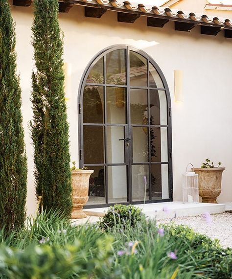 Arched Steel Doors, Arch French Doors Exterior, Arched Metal Doors, Arch Patio Doors, Arched Patio Door, Black Arch Door, Pergola Front Door, Arch French Doors, Arch Front Door Exterior