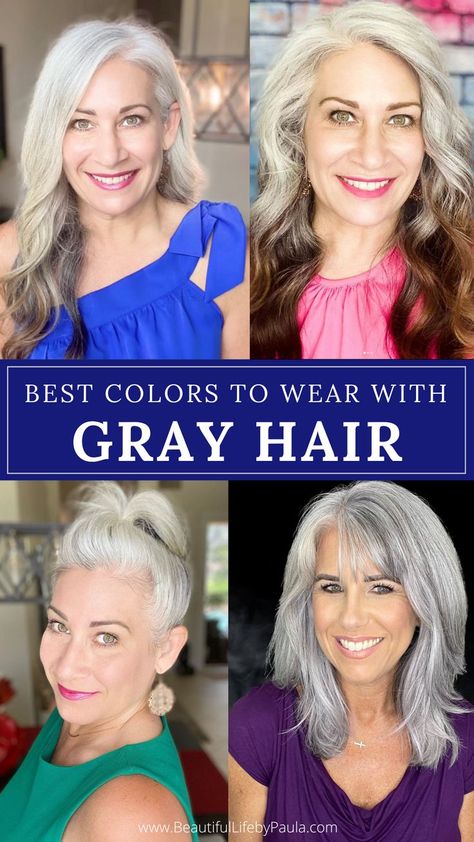 Best colors to wear with white, gray, silver or platinum hair. Also learn your skin undertone so you know what clothing colors will look best on you! | gray hair tips | gray hair fashion | silver hair tips | over 50 fashion Grey Hair And Glasses, Grey Hair With Bangs, Long Silver Hair, Silver White Hair, Grey Hair Over 50, Grey White Hair, Beautiful Gray Hair, Gray Hair Growing Out, Grey Hair Styles For Women