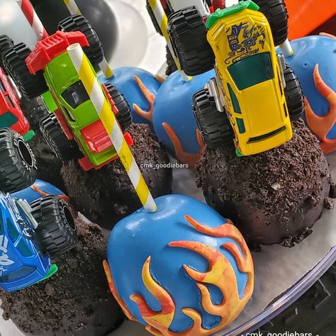 Monster Truck Sweet Table Ideas, Monster Truck Treat Table, Monster Jam Treats, Monster Jam Dessert Table, Monster Jam Cake Pops, Monster Truck Treats, Monster Truck Cake Pops, Hot Wheels Cake Pops, Monster Truck Birthday Party Ideas Food