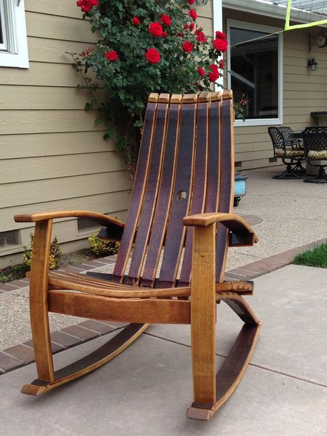 Wine Barrel Rocking Chair | Etsy Barrel Ideas Decor, Wine Barrel Ideas, Teacher Rocking Chairs, Wine Barrel Chairs, Boho Dining Chairs, Barrel Ideas, Rocking Chair Plans, Whiskey Barrel Furniture, Chair Woodworking Plans