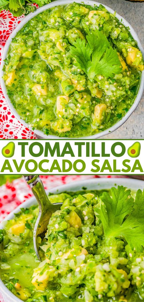 Tomatillo Avocado Salsa, Avocado Tomatillo Salsa, Easy Homemade Salsa, Jarred Salsa, Easy Salsa Recipe, Homemade Salsa Recipe, Averie Cooks, Spicy Salsa, Avocado Salsa