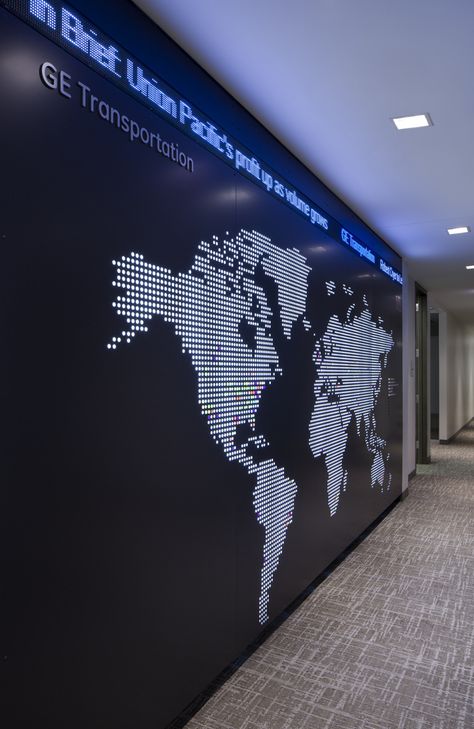 GE Transportation - Chicago Offices - Office Snapshots Carpet Tiles Office, Erie Pennsylvania, Office Signage, Balcony Railing Design, Corporate Office Design, Interactive Walls, Recessed Downlight, Office Photo, Lobby Interior