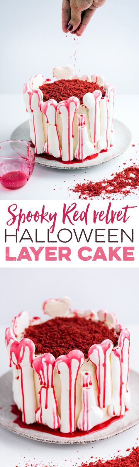 This Gloriously Ghoulish Red Velvet Cake Is Perfect for Halloween via Brit + Co Halloween Red Velvet, Halloween Themed Drinks, Halloween Cake Recipes, Scary Halloween Food, Cupcakes Halloween, Spooky Halloween Food, Piping Frosting, Velvet Cake Recipes, Red Velvet Cake Recipe