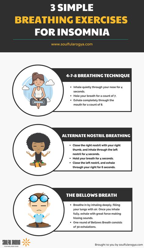 3 Simple Breathing Exercises for Insomnia - Infographic by Soulful Arogya Breathing Exercises For Sleep, Full Body Stretching Routine, What Helps You Sleep, How Can I Sleep, Alternate Nostril Breathing, How To Get Better, When You Sleep, Breathing Techniques, Loose Skin