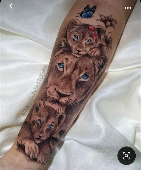 Tattoos Of Kids Names, Lion And Cubs Tattoo For Women, 2 Sons Tattoo For Mom, Lioness And Cubs Tattoo Mothers, Tattoos For My Daughter, Mom Of 2 Tattoo Ideas, Girly Sleeve Tattoo, Mom Of Two Tattoo, Cub Tattoo