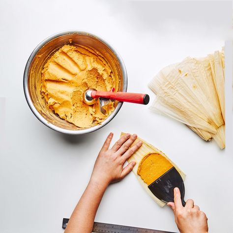 For this pork tamales recipe, you can make masa, a dough made from ground corn, in two ways: instant and fresh. Fresh yielded the best corn flavor and best texture, but you can use corn masa flour too, which is easier to find. You can find fresh masa and dried corn husks at tortilla stores/factories, international sections at larger stores, or online. Whichever masa you choose, be sure to save some of the chile purée from the pork filling. Tamales Recipe Pork, Rick Martinez, Make Tamales, How To Make Tamales, Mexican Tamales, Pork Tamales, Chicken Tamales, Tamale Recipe, Tortilla Press